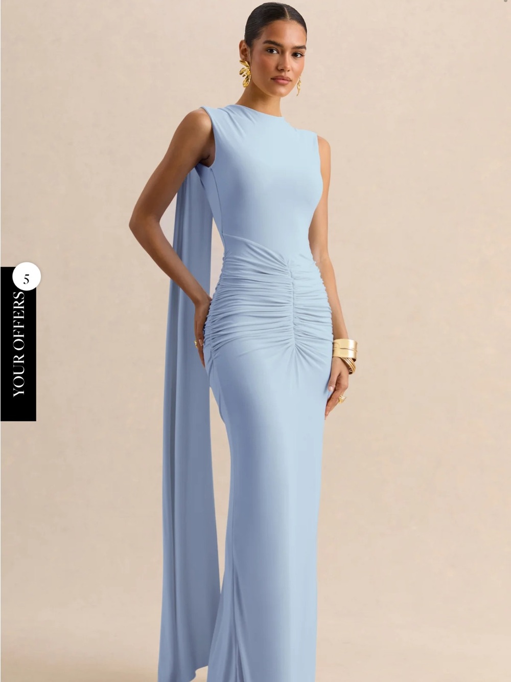 Sleek Light Blue Ruched Maxi Gown with Back Drape